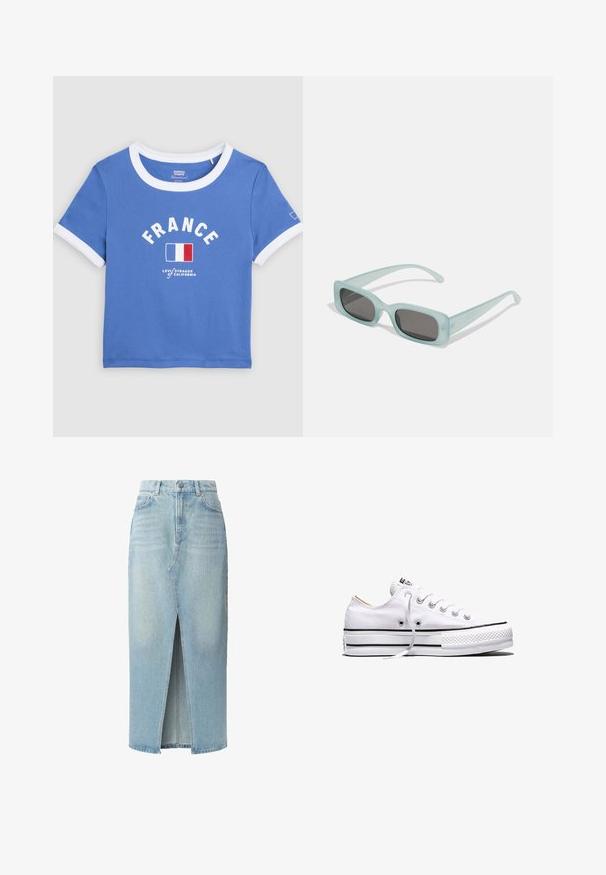 Modré krátke tričko s bielym golierom a lemovaním rukávov, text "FRANCE", francúzska vlajka a logo Levi's Strauss of California vpredu.; Svetlomodrá džínsová sukňa s predným rozparkom, piatimi vreckami a pútkami na opasok. Vyrobená z bavlny s hladkou textúrou a miernym vyblednutím.; Biela nízka textilná teniska s bielymi šnúrkami, čiernymi pruhmi na podrážke a gumovou textúrovanou špičkou, bočný pohľad na bielom pozadí.; Párik obdĺžnikových slnečných okuliarov s svetlomodrými priehľadnými rámami a tmavosivými sklami, s rovnými stranami a minimálnymi hardvérovými detailmi.