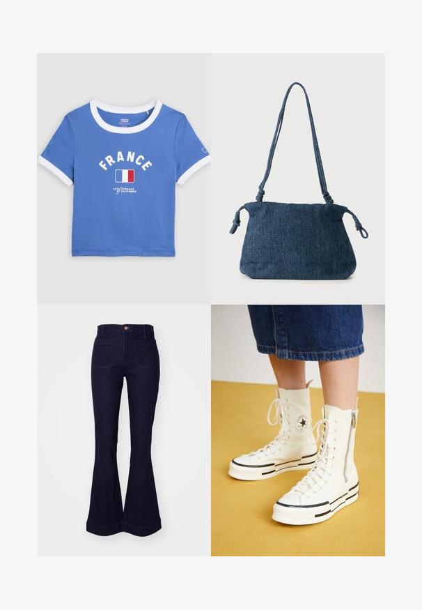 Modré krátke tričko s bielym golierom a lemovaním rukávov, text "FRANCE", francúzska vlajka a logo Levi's Strauss of California vpredu.; Džínsové nohavice tmavomodrej farby s vysokým pásom, prednými našitými vreckami a širokými zvonovými nohavicami, gombíkom a pútkami na opasok v páse.; Biele vysoké tenisky s zipsovým uzáverom, šnurovací dizajn a čierne prúžky na hrubej podrážke. Textúrovaný plátený materiál.; Tmavomodrá rifľová kabelka cez rameno s uzlami na koncoch remienka a jednoduchým obdĺžnikovým tvarom na bielom pozadí.