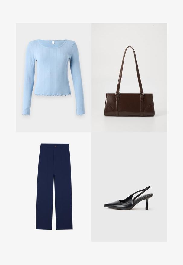 Top azul claro de manga larga con cuello redondeado y dobladillo ondulado. Hecho de material suave, con un patrón sutil de textura.; Pantalones de pierna ancha en azul marino, fabricados en una tela suave, con bolsillos frontales, cierre de botón y un diseño ajustado con pliegues.; Zapato de tacón alto negro de cuero con puntera afilada y tacón delgado sobre un fondo blanco.; Bolso de mano de piel sintética marrón con forma rectangular, dos asas largas y sutiles acentos curvados en la parte delantera.