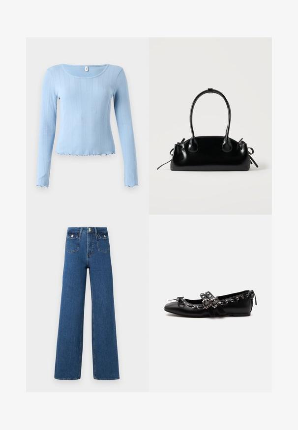 Top azul claro de manga larga con cuello redondeado y dobladillo ondulado. Hecho de material suave, con un patrón sutil de textura.; Jeans de pierna ancha de mezclilla oscura. Cuenta con dos bolsillos frontales y un cierre de botón. Textura suave con costuras visibles y forma estructurada.; Zapato de ballet plano negro con correas de doble hebilla, ojales plateados y un pequeño lazo cerca de la puntera redondeada sobre un fondo blanco.; Pequeño bolso negro brillante con dos asas largas y detalles de cordón lateral sobre un fondo claro liso.