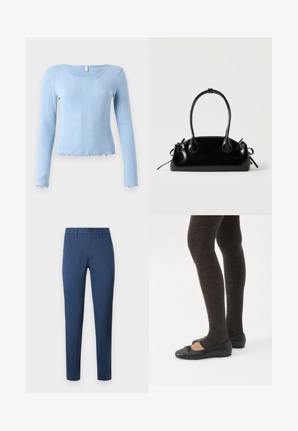 Lyseblå ribstrikket langærmet top med rundet halsudskæring og bølget kant. Fremstillet af blødt materiale med et subtilt teksturmønster.; Blå bomulds chinos med slim fit, der har knaplukning, bæltestropper og standard lommer, glat tekstur og rene linjer.; Ben iført mørke ribbede leggings kombineret med sorte balletsko med små sløjfedetaljer på hvid baggrund.; Lille sort blank håndtaske med to lange håndtag og snøre-detaljer i siden på en ensfarvet lys baggrund.