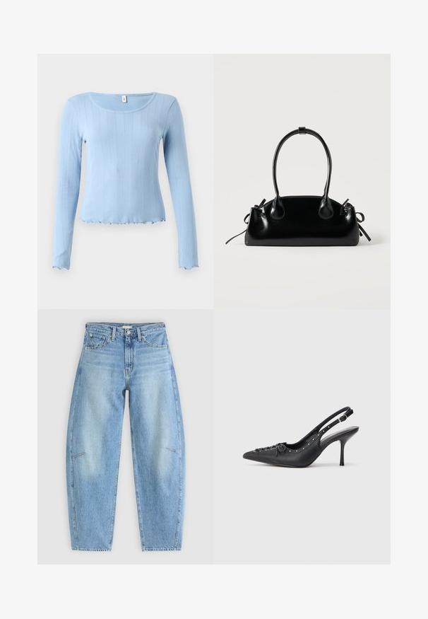 Lichtblauw geribbeld shirt met lange mouwen, een ronde hals en een golvende zoom. Gemaakt van zacht materiaal met een subtiel textuurpatroon.; Lichtblauwe denim jeans met een relaxte pasvorm, met een hoge taille, rechte pijpen en subtiele stiksels op de voorzakken.; Zwarte leren slingback stiletto met spitse neus, zijgesp met gesp, studs langs de rand en decoratieve veters aan de voorkant.; Kleine zwarte glanzende handtas met twee lange hengsels en zijkant trekkoord details op een effen lichte achtergrond.