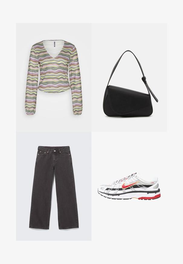 Neon & Nylon MILLE - Langærmet T-shirt - black/multi; Vidbenede sorte denimjeans med kobbernitter, fem lommer og knaplukning. Blød, robust tekstur med lige snit fra talje til kant.; Hvide og sorte atletiske sko med røde og gyldne accenter. Har en mesh-overdel, polstret sål og et sikkert snøredesign.; Sort læderhåndtaske med en triangular form, skrå klap og et rundt håndtag. Har en glat overflade og minimalistiske design detaljer.