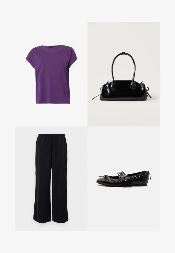 Camiseta de algodón morada de manga corta con cuello redondo y puños ligeramente remangados en las mangas.; Pantalones anchos negros con cintura elástica y bolsillos laterales. Fabricados en un tejido ligero con una textura suave. Sin patrones visibles.; Zapato de ballet plano negro con correas de doble hebilla, ojales plateados y un pequeño lazo cerca de la puntera redondeada sobre un fondo blanco.; Pequeño bolso negro brillante con dos asas largas y detalles de cordón lateral sobre un fondo claro liso.