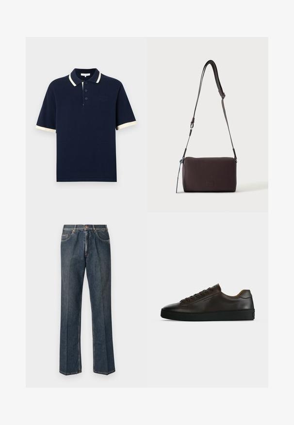 Marineblaues Poloshirt mit kurzen Ärmeln, drei Knöpfen, weißer Einfassung am Kragen und an den Ärmelsäumen sowie einem dezenten, bestickten Logo auf der Brust.; Dunkelblaue, gerade Jeans aus Denim mit vorderem Knopf, Reißverschluss, doppelten vorderen Taschen und sichtbaren vertikalen Falten entlang der Beine.; Flach geschnittener dunkelbrauner Ledersneaker mit schwarzer Gummisohle, Schnürung vorne und schlicht-minimalistischem Design auf hellem Hintergrund.; Dunkelbraune, strukturierte Leder-Crossbody-Tasche mit verstellbarem Riemen und kleinem dekorativen blauen Akzent an der Seite.