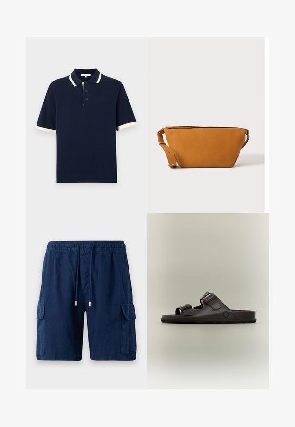 Marineblauw polo shirt met korte mouwen, drie knopen, witte rand op de kraag en mouwuiteinden, en een subtiel geborduurd logo op de borst.; Marineblauwe cargoshorts van lichtgewicht stof, met een elastische tailleband en trekkoord, twee zijzakken en één beenzak.; Donkerbruine leren slip-onsandaal met twee verstelbare gespsluitingen en een platte zool, zij-aanzicht op een neutrale achtergrond.; Lichtbruine leren crossbodytas met verstelbare band en ritssluiting, getoond tegen een effen lichte achtergrond.