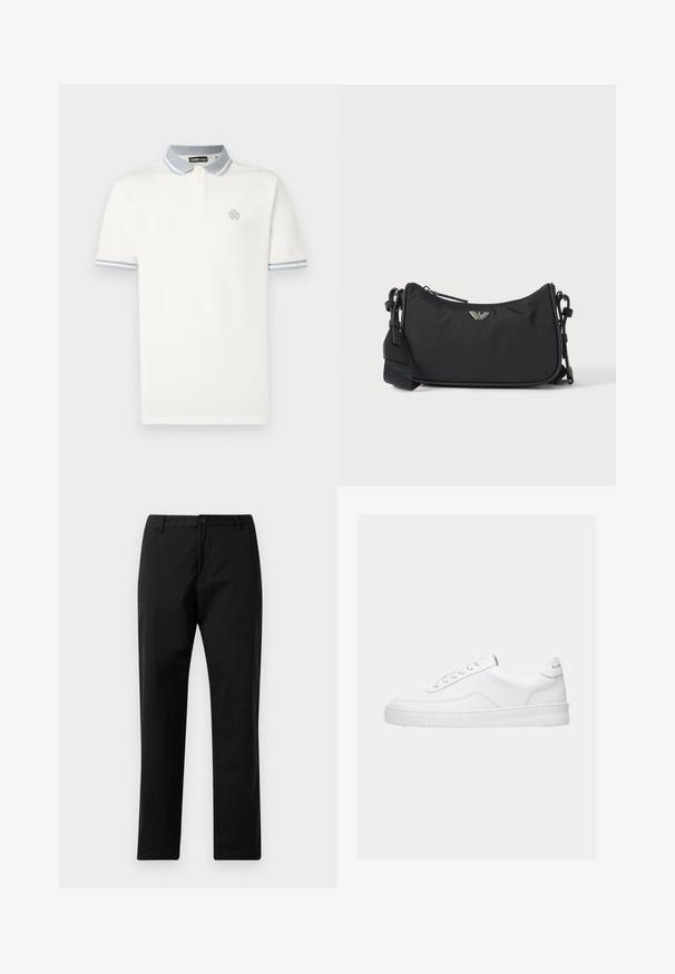 Hvid poloshirt lavet af bomuld, med en kontrastfuld lyseblå krave med striber, korte ærmer og et lille broderet logo på brystet.; Sorte lige bukser med knap- og lynlåslukning, bæltestropper og forlommer, præsenteret på hvid baggrund.; Hvid lavt sneaker med snørelukning, glat læderoverdel og tyk sål, vist fra siden på en ensfarvet baggrund.; Sort rektangulær crossbody taske med sølv brandlogoemblem og justerbar rem på lys baggrund.