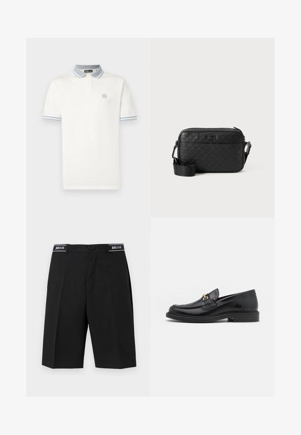 Polo blanc en coton, avec un col bleu clair contrastant rayé, des manches courtes et un petit logo brodé sur la poitrine.; Shorts noirs sur mesure longueur genou avec plis devant et une ceinture comportant des logos "Just Cavalli" sur les passants de ceinture.; Mocassins en cuir noir avec un embout rond, présentant des accents en métal doré et des détails de couture, montés sur une semelle en caoutchouc texturé et basse.; Sac bandoulière noir texturé avec motif géométrique en relief et bandoulière réglable avec logo de la marque.