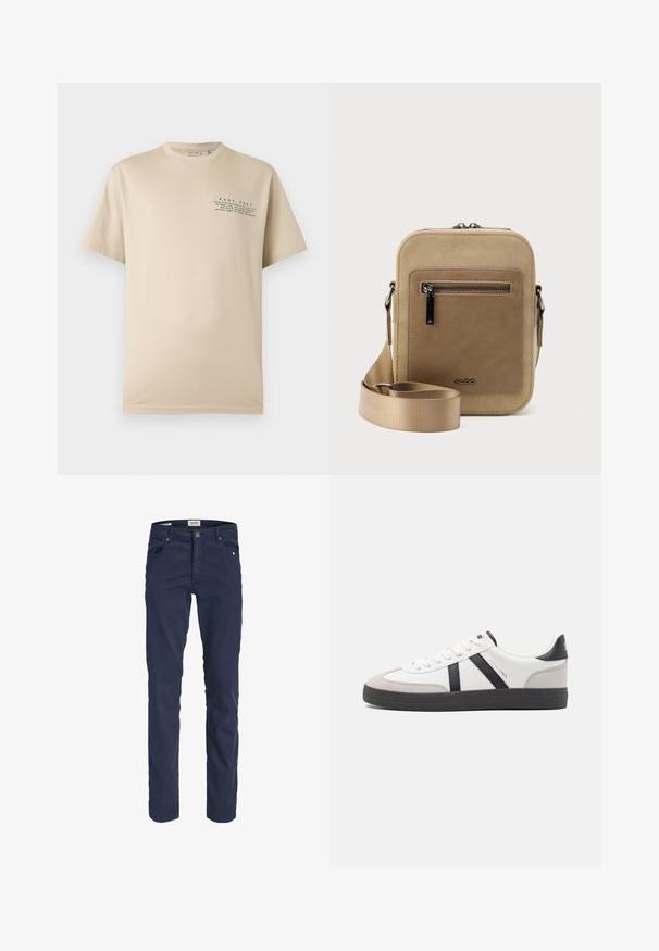 T-shirt beige à manches courtes avec col rond, petite inscription verte « PURE ZEST » et une citation inspirée des agrumes sur le côté gauche de la poitrine.; Pantalon homme bleu marine slim fit avec cinq poches, fermeture par boutons et passants pour ceinture, présenté sur fond blanc.; Baskets blanches avec des accents noirs et gris, présentant un embout texturé gris, une semelle en caoutchouc noir et des lacets plats blancs. Design épuré, style minimaliste.; Petit sac bandoulière beige avec poche avant zippée, logo métallique ALDO, sangle large ajustable et forme rectangulaire arrondie sur fond blanc.