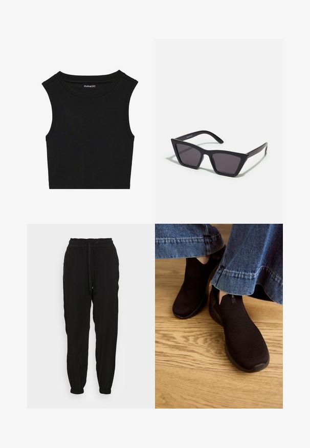 Čierny bezrukávový crop top s rebrovanou textúrou. Má okrúhly výstrih a široké ramenné švy. Vyrobený z elastického materiálu.; ONLY ONLARIS LIFE PULL UP PANT - Nohavice - black; Čierne slip-on topánky s textúrovaným pleteným zvrškom a elastickým otvorom. Zaoblený tvar špičky a nízkoprofilová polstrovaná podrážka, nosené s deninovými nohavicami.; Čierne, ostré slnečné okuliare so sivými sklami; vyrobené z plastu, majú hrubé ramená s hladkým povrchom a bez viditeľnej mechaniky.
