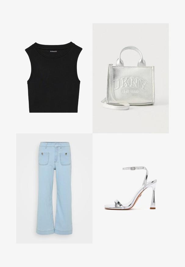Musta ilmanhiha crop-top, jossa on ribbikuvio. Ominaisuuksiin kuuluu pyöreä pääntie ja leveät olkasaumat. Valmistettu venyvistä materiaaleista.; Vaaleansiniset farkut, joissa on leveä lahjeratkaisu, kaksi etutaskua ja kaksi takataskua, valmistettu näkyvillä ompeluoksilla varustetusta denimistä.; Hopeinen korkokengän sandaali, jossa on ohut nilkkahihna ja solki, avoin varvas ja lohkokorko valkoisella taustalla.; Pieni hopeanvärinen metallinen käsilaukku, jossa on kaksi kahvaa, irrotettava hihna ja etupuolella kohokuvioitu "DKNY New York" -logo.