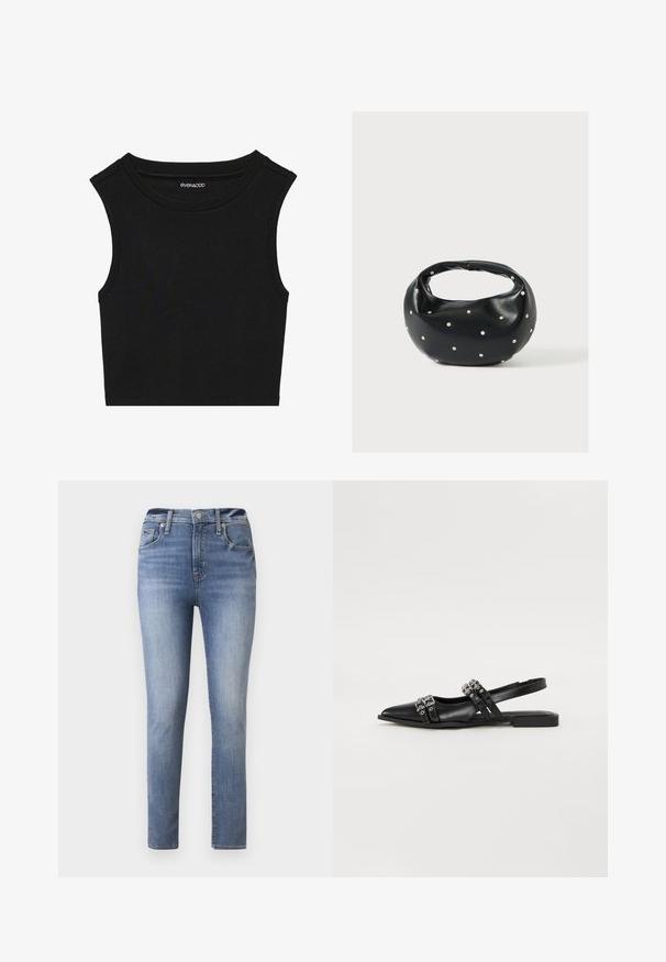 Zwarte mouwloze crop top met een geribbelde textuur. Heeft een ronde halslijn en brede schoudernaden. Gemaakt van rekbaar materiaal.; Lichtblauwe hoge taille jeans met een slim fit, voorzien van vijf zakken en een rits, gemaakt van denim met een gladde textuur.; Even&Odd by Zalando Slingback ballerina´s - black; Zwarte leren handtas met een afgeronde vorm, versierd met zilveren studs, en een korte handgreep. Gladde textuur en ritsluiting.