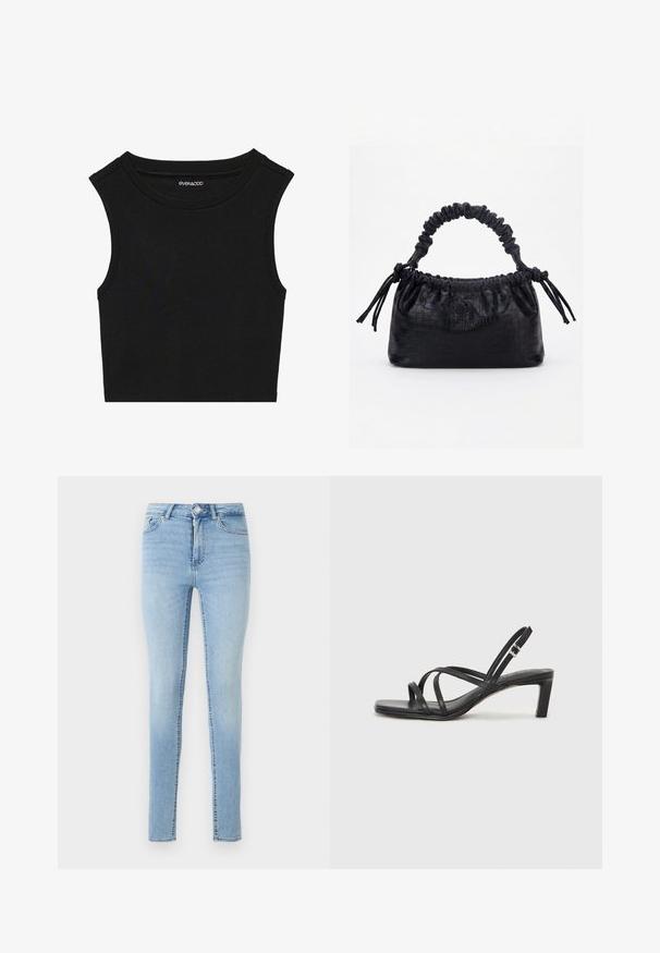 Μαύρο αμάνικο crop top με ραβδωτή υφή. Διαθέτει στρογγυλή λαιμόκοψη και φαρδιές ραφές στους ώμους. Κατασκευασμένο από ελαστικό ύφασμα.; Ανοιχτό μπλε τζιν skinny παντελόνι με μπροστινό κούμπωμα και φερμουάρ, πέντε τσέπες και ελαφρώς ξεθωριασμένο φινίρισμα για υφή.; Μαύρη σανδάλι με λουράκια και τετράγωνη μύτη, καθώς και χαμηλό μπλοκ τακούνι. Διαθέτει πολλαπλά λεπτά λουράκια και ρυθμιζόμενο λουράκι στον αστράγαλο. Κατασκευασμένο από λείο δέρμα.; Μαύρη τσάντα με υφή κροκοδείλου, με πτυχώσεις στην πάνω άκρη, μαζεμένη λαβή και κορδόνια με φούντες σε κάθε πλευρά, πάνω σε λευκό φόντο.