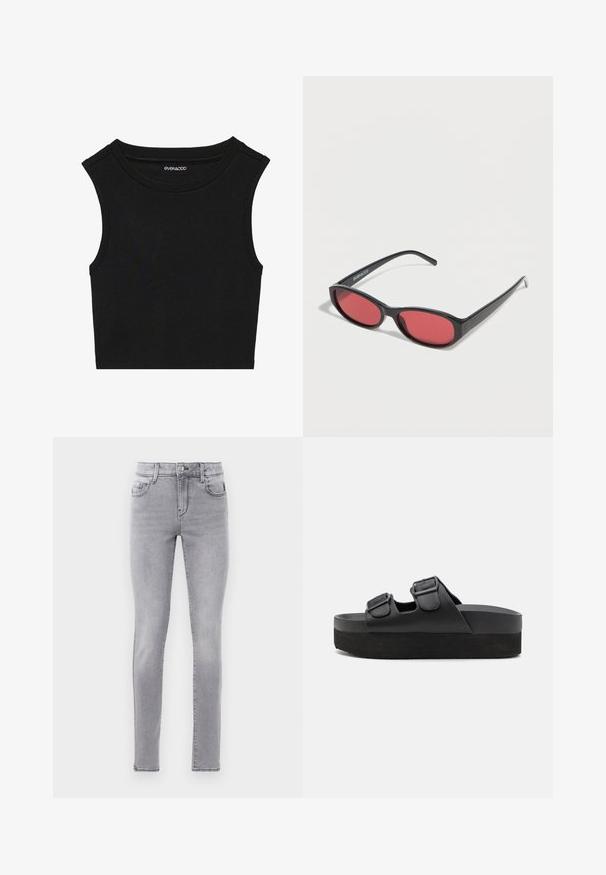 Čierny bezrukávový crop top s rebrovanou textúrou. Má okrúhly výstrih a široké ramenné švy. Vyrobený z elastického materiálu.; Chudé džínsy vo svetlosivej džínsovine, s klasickým dizajnom päť vreciek, zapínaním na gombík a jemnými detailmi v podobe vyblednutia.; Čierne platformové sandále vyrobené z hladkého materiálu, s dvoma nastaviteľnými popruhmi a prackami, a textúrovanou podrážkou pre lepšiu priľnavosť.; Čierne oválne slnečné okuliare s tenkými ramenami a červenými tónovanými šošovkami ležia na bielom povrchu.