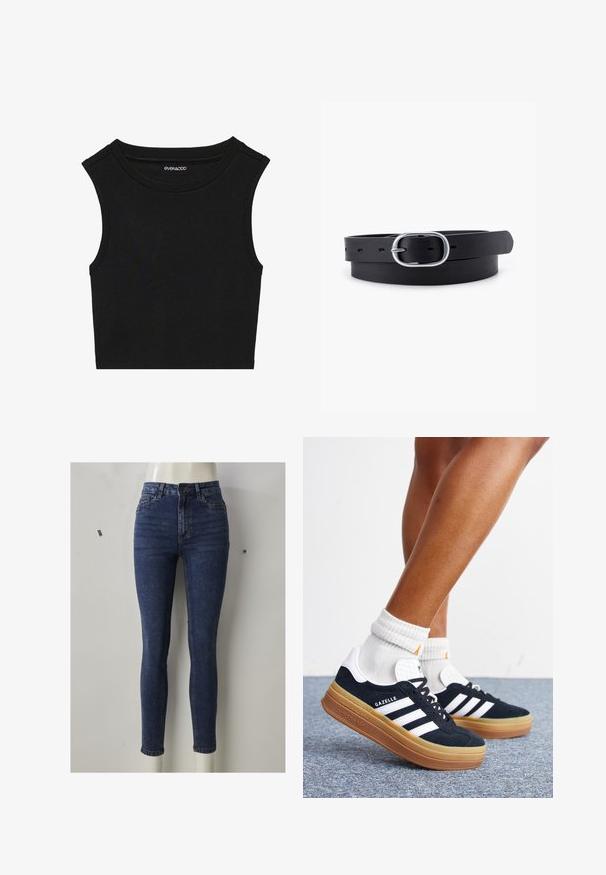 Čierny bezrukávový crop top s rebrovanou textúrou. Má okrúhly výstrih a široké ramenné švy. Vyrobený z elastického materiálu.; Úzke rifle z tmavomodrého denimu, s vysokým pásom a priliehavým strihom, s prednými vreckami, zapínaním na zips a jemným vyšúchaním na stehnách.; Nohy v bielych ponožkách a čiernych teniskách Adidas Gazelle s bielymi pruhmi a hrubými hnedými podrážkami na sivom koberci.; Čierny kožený opasok s hladkým povrchom, oválnou striebornou kovovou prackou a viacerými nastavovacími otvormi pozdĺž pásu. Plochý, minimalistický dizajn.