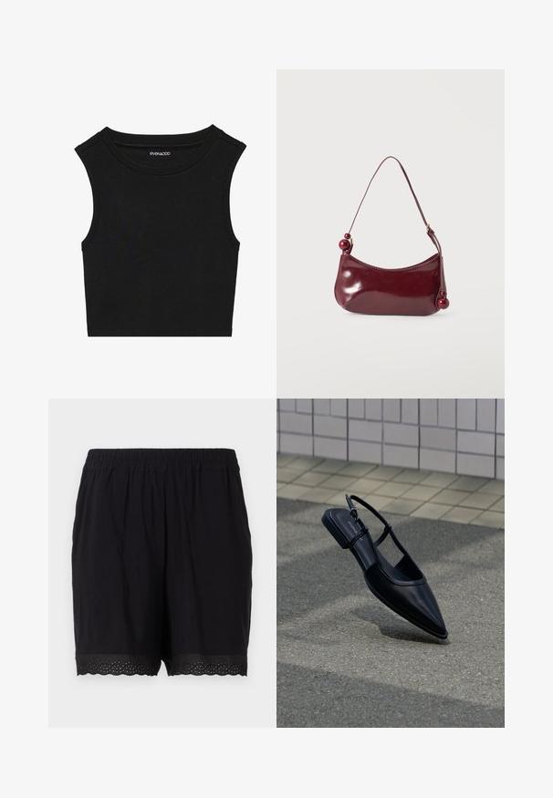 Sort ærmeløs crop top med ribbet tekstur. Har en rund halsudskæring og brede skuldersømme. Fremstillet af et strækbart stof.; Sorte bomuldsshorts med elastisk talje og bølgende kant, der har perforerede detaljer ved kanterne. Blødt og let materiale.; Sort slingback-flad sko med spids tå, svævende over en asfaltflade ved siden af en flisebelagt fortov.; Lille skinnende mørkerød skuldertaske med en buet topkant og dekorative runde perler på remmenes ender.