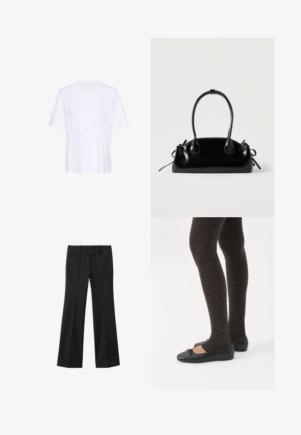 T-shirt blanc uni à manches courtes avec col rond, présenté sur un fond blanc.; Pantalon noir à jambes larges avec une texture lisse, taille haute et deux poches latérales. Lignes épurées et design sur mesure.; Jambes portant des leggings côtelés foncés associés à des ballerines noires avec de petits détails en nœud sur fond blanc.; Petit sac à main noir brillant avec deux longues anses et des détails à cordon sur les côtés sur un fond clair uni.