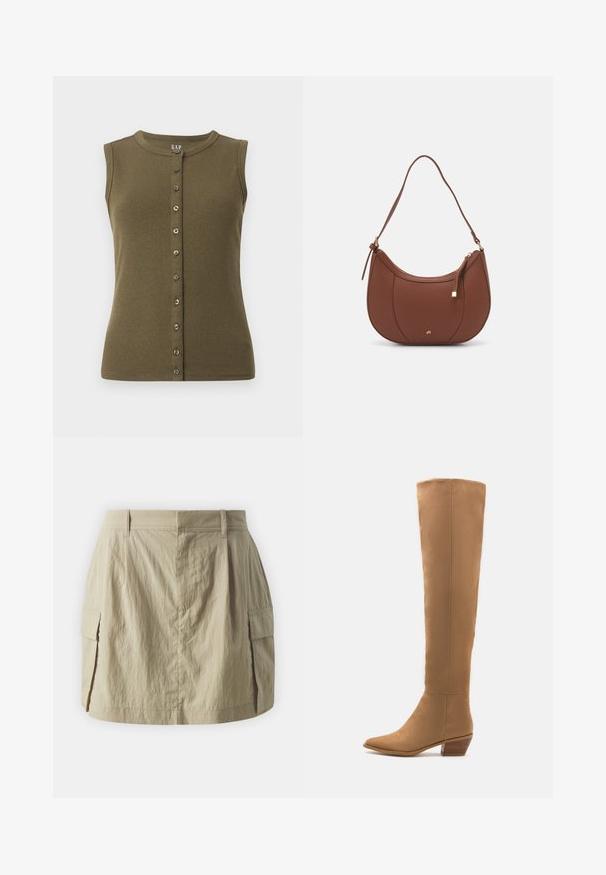 Olijfgroene mouwloze top met een ribbelstructuur, ronde halslijn en een voorkant met knopen, voorzien van zeven grijze knopen.; Khaki cargorok met een uitlopende silhouet, voorzien van zijzakken, een gladde textuur en een ritssluiting aan de achterkant. Verstelbare tailleband.; Kniehoge tankleurige laarzen gemaakt van een glad materiaal met een puntige neus en een lage gestapelde hak. Eenvoudig ontwerp, geen zichtbare patronen of accenten.; Bruine faux leren schoudertas met een gebogen vorm, minimale stiksels en een gouden hardware-accent. Voorzien van een bovenste ritsluiting en een verstelbare schouderband.