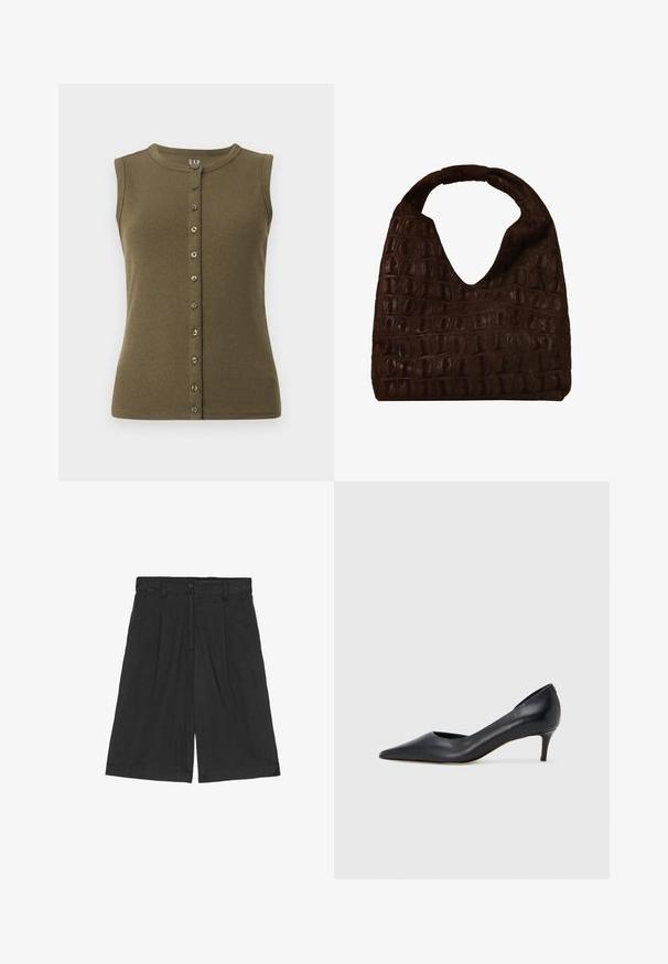 Top sans manches vert olive avec une texture côtelée, décolleté rond et une fermeture à boutons à l'avant dotée de sept boutons gris.; Shorts noirs en lin à coupe décontractée, avec un devant plat, deux poches latérales et une fermeture à bouton à la taille.; Escarpin en cuir noir avec un bout pointu et un talon bas. Présente une texture lisse et un éclat subtil. Découpe ouverte à l'avant pour un détail supplémentaire.; Sac hobo en cuir brun foncé avec motif crocodile embossé et large poignée arrondie, design simple et souple au style décontracté.
