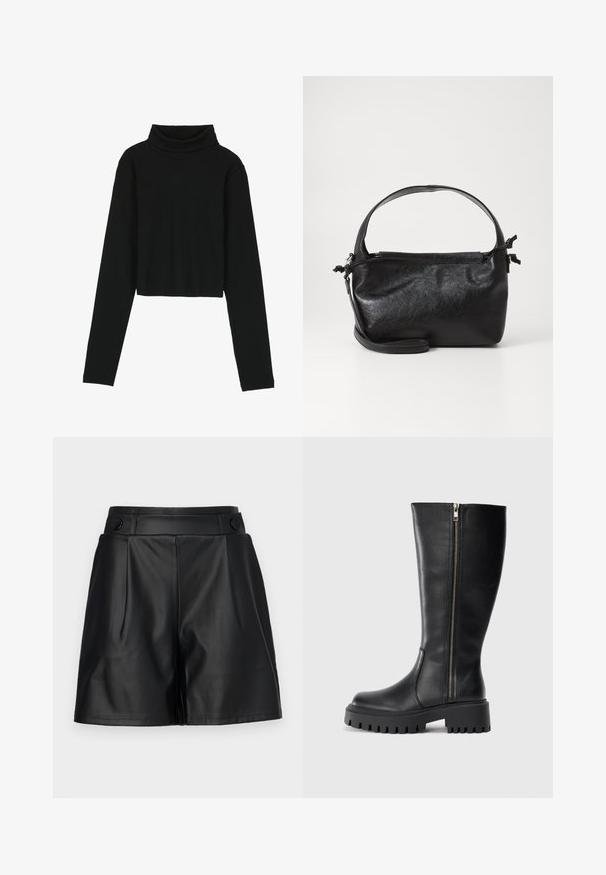 Even&Odd by Zalando Langærmet T-shirt - black; Sorte faux lædershorts med plisseret front, brede ben og knapdetaljer på taljen. Glat tekstur, skræddersyet design.; Sorte læderknæhøje støvler med lynlås i siden, tekstureret overflade, rund tå og kraftig gummisål med segmenteret mønster.; Sort læderhåndtaske med et struktureret design, rund tophåndtag og aftagelig skulderrem. Den har en glat tekstur og en subtil glans.