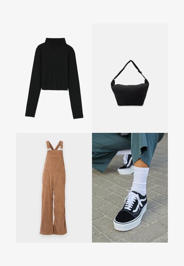 Even&Odd by Zalando Μπλούζα με μακριά μανίκια - black; Καφέ κορίτσι με φαρδιά πόδια, ρυθμιζόμενους ιμάντες και μπροστινές τσέπες. Μαλακή υφή με κατακόρυφο ριμπέ σχέδιο.; Μαύρο σουέτ sneaker με λευκές λεπτομέρειες και κορδόνια, με παχύ λευκό πάτο και αντίθετη ραφή, συνοδευόμενο από λευκή κάλτσα.; Μαύρη υφασμάτινη τσάντα ώμου με μαλακή υφή, στρογγυλή μορφή και έναν μόνο ιμάντα. Μινιμαλιστικός σχεδιασμός χωρίς ορατό υλικό ή αξεσουάρ.