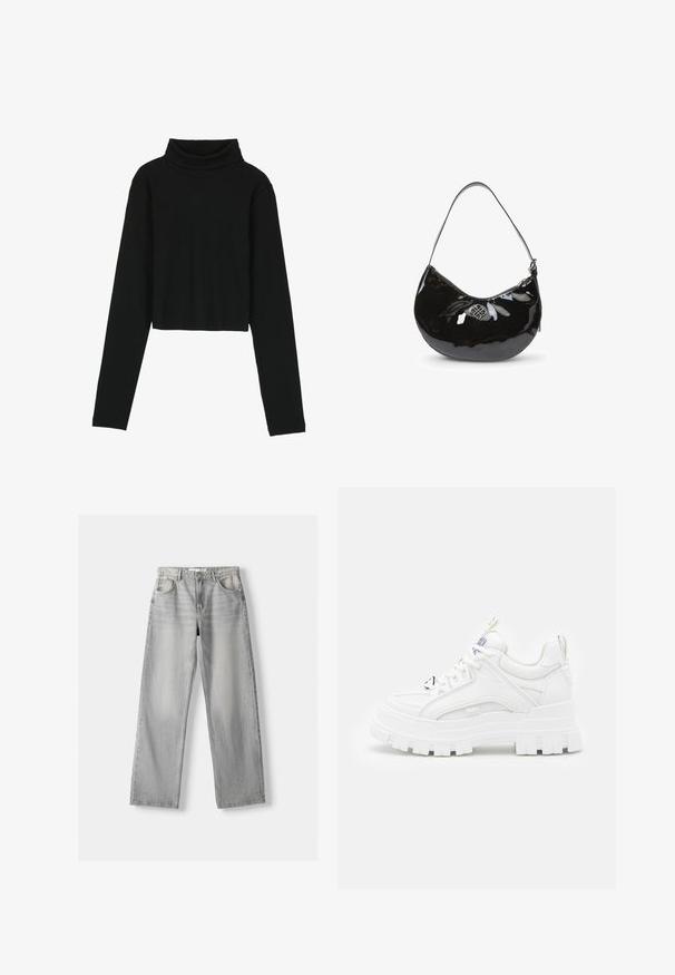 Even&Odd by Zalando Langærmet T-shirt - black; Lys grå denim jeans med lige pasform, der har to frontlommer, en knappelukning og diskrete slidser for tekstur.; Hvide chunky sneakers med en tekstureret overdel, polstret krave og tyk, rillede sål. Har kontrastfarvede sorte snørebånd og brandingdetaljer.; Sort patentlæder håndtaske med en buet form, enkelt skulderrem, lynlåslukning og et dekorativt metal logo. Glat tekstur.