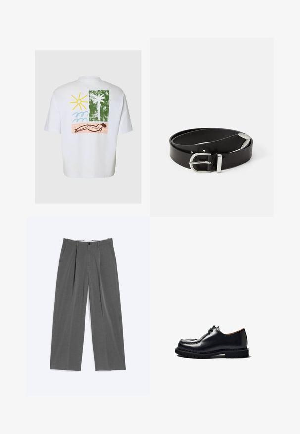 Camiseta blanca con una estampación colorida en la espalda que muestra un sol amarillo, olas azules, una palmera verde y una figura marrón tumbada sobre una toalla de playa rosa.; Pantalones grises de pierna ancha con finas rayas verticales, pinzas delanteras, bolsillos laterales, trabillas para cinturón y cierre con botón en la cintura.; Zapato de cuero negro con puntera redonda, diseño con cordones, detalles de costura y suela de goma texturizada. Superficie lisa con un acabado brillante.; Cinturón de piel negra con una hebilla de metal plateado, que presenta un diseño clásico y una textura suave. Incluye agujeros para ajuste.