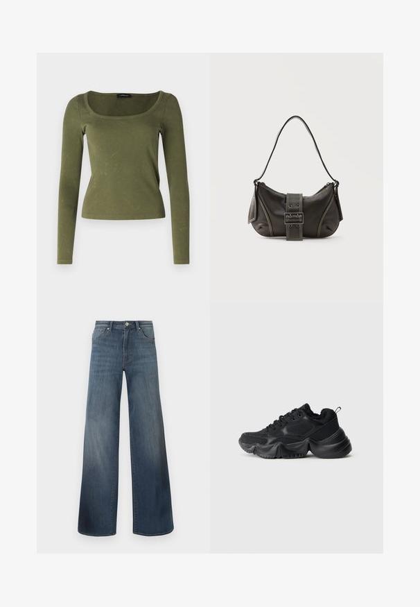 Olivengrøn langærmet top lavet af ribbet stof, med firkantet udskæring og tætsiddende design. Karakteristisk tekstur med diskrete mønstre.; Bredde denim jeans i mørkeblå, med en slidteknik, knaplukning og fem-lomme stil. Glat tekstur, minimal syning detaljer.; Sorte sneakers med en blanding af glatte og strukturerede materialer, tykke såler, rund form og dekorativ stikning. Har en blød, fyldig kant.; Sort læder skuldertaske med spænde på remmen, afrundede kanter og kontrasterende hvide syninger på en ensfarvet baggrund.