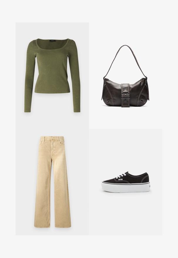 Haut à manches longues vert olive en tissu côtelé, présentant un décolleté carré et une coupe ajustée. Texture distinctive avec des motifs subtils.; Pantalon ample en velours côtelé beige avec une texture lisse, doté d'une fermeture à boutons et d'un design classique à cinq poches.; Baskets en toile noires avec une semelle en caoutchouc blanc, dotées de lacets et de coutures blanches, marquage emblématique sur le côté, design basse.; Sac à épaule en cuir marron avec une forme courbée, présentant un détail de boucle proéminent, des coutures contrastantes et une seule bandoulière.