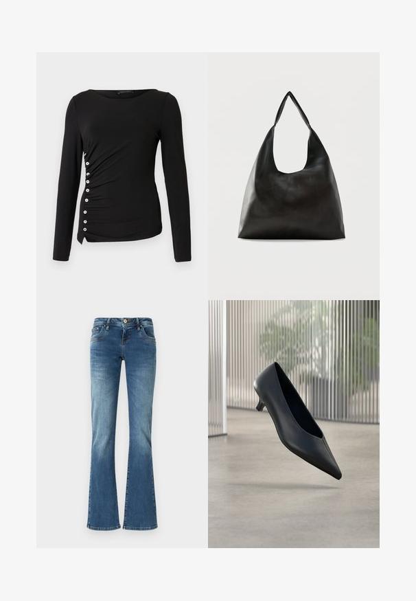 Sort langærmet top med rund halsudskæring, der har rynkede detaljer i siden og hvide knapdetaljer langs venstre side. Glat stoftekstur.; Udsvingende denim jeans i medium blå med kontrastsyet, fem lommer og en klassisk knap- og lynlåslukning.; Sort spids tå kitten heel sko, der svæver over en glat betongulv med lodrette gennemsigtige paneler i baggrunden.; Sort skuldertaske i glat læder med en bred, enkelt strop og et afslappet, minimalistisk design mod en ensfarvet baggrund.