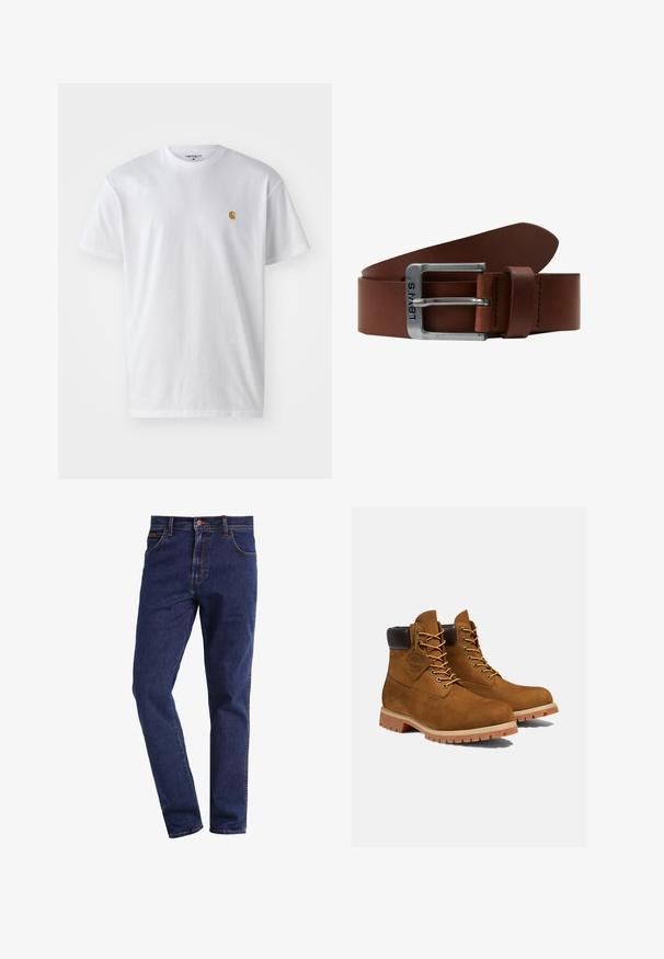 Weißes Baumwoll-T-Shirt mit kurzen Ärmeln, Rundhalsausschnitt, mit einem kleinen goldenen Logo im linken Brustbereich. Weicher Stoff und normale Passform.; Dunkelblaue gerade geschnittene Denim-Jeans mit Vordertaschen, Knopfverschluss, Gürtelschlaufen und sichtbaren Nähten.; Braune Wildleder-Stiefeletten mit einem gepolsterten schwarzen Kragen, goldenen Ösen und einer dicken Gummisohle mit einem Rillenmuster für besseren Grip.; Brauner Ledergürtel mit einer rechteckigen silbernen Metallschnalle. Der Gürtel hat eine glatte Textur und dezente Nähte entlang der Kanten.