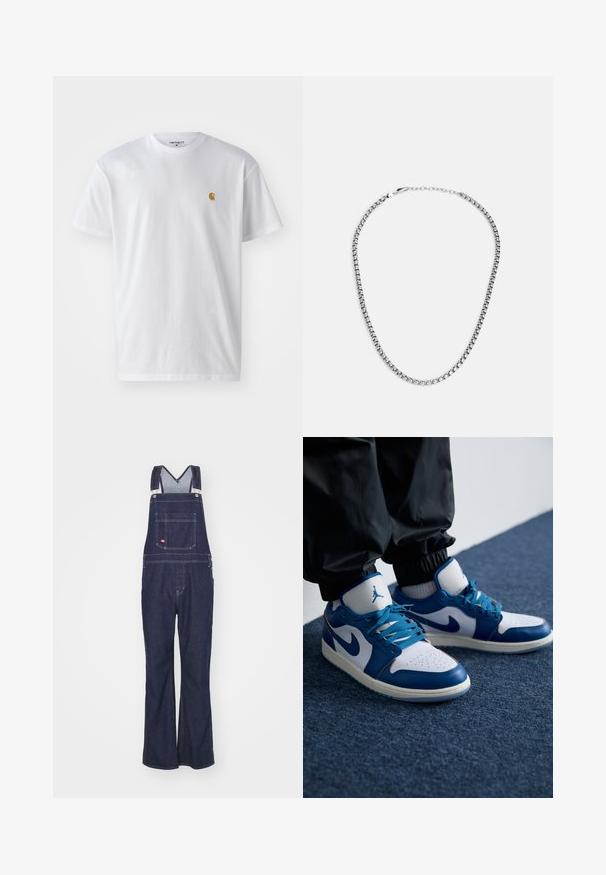 Hvid bomulds t-shirt med korte ærmer, rund hals og et lille guld logo på venstre brystområde. Blød tekstur og almindelig pasform.; Dickies CLASSIC - Jeans Straight Leg - rinsed; Nike Air Jordan sneakers har en hvid læderbase med blå syntetiske detaljer, en perforeret tåboks og blå snørebånd.; Fossil JEWELRY NECKLACE - Halskæder - silver-coloured
