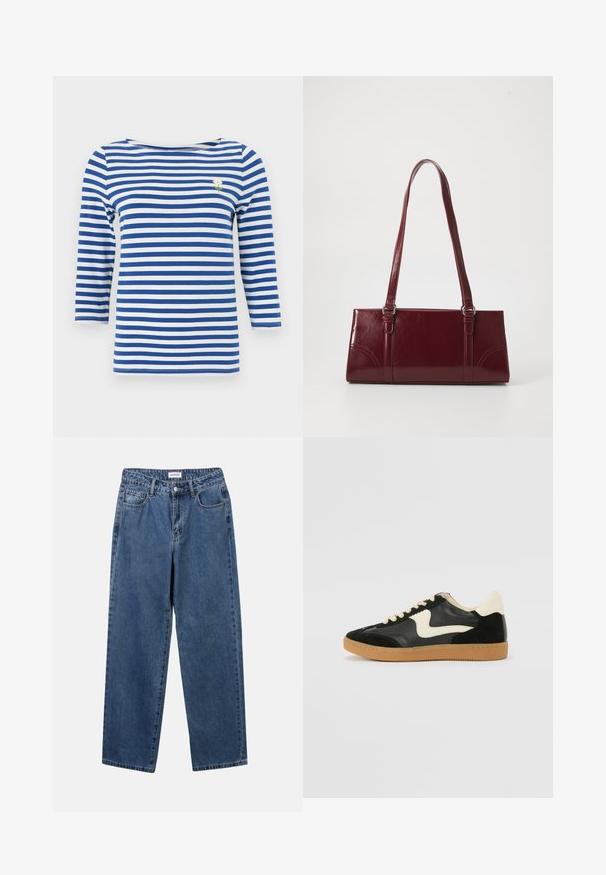 Blauw-wit horizontaal gestreept shirt met lange mouwen en een kleine geborduurde witte madelief op de linkerborst.; Klassieke blauwe denim jeans met een rechte pijp, vijf zakken en een knoopsluiting. Heeft een middelgrote wasbeurt en stevige textuur.; Zwarte suède en leren sneaker met een crèmekleurige zij-swoosh en lichte crèmekleurige hiel. Voorzien van beige veters en een gumrubberen zool.; Bourgondische handtas van glanzend materiaal, rechthoekige vorm, met twee schouderbanden en subtiele gebogen accenten aan de voorkant.