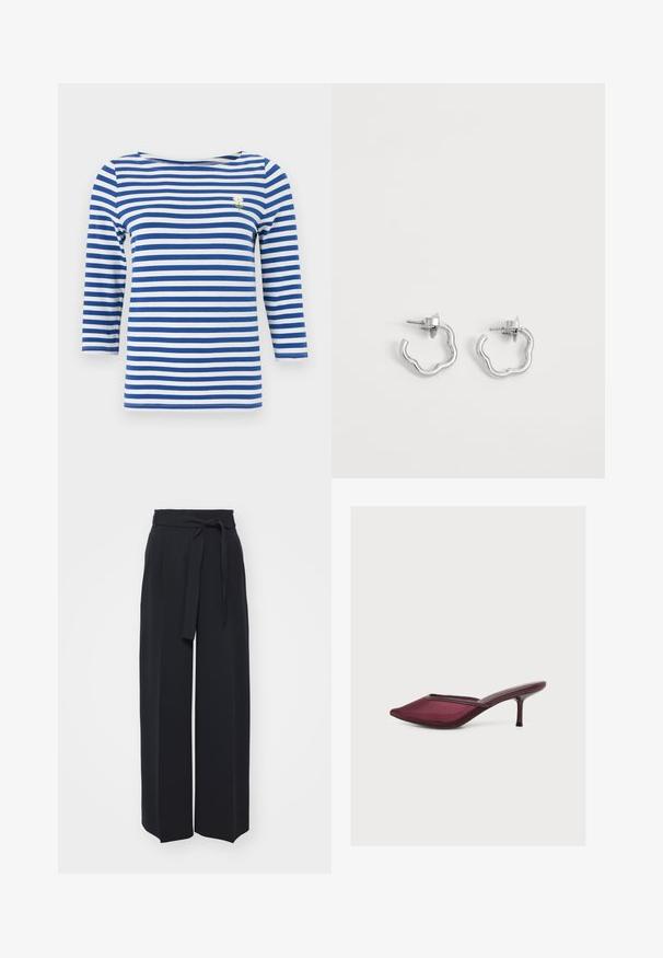 Sinivalkoraitainen pitkähihainen paita, jossa vasemmassa rinnassa pieni kirjailtu valkoinen päivänkakkara.; Leveled black trousers made of soft fabric. Features a belted waistband and front pleats. Smooth texture with a clean, contemporary design.; Burgundinvärinen kärjestä kapea mule-mallinen kenkä, jossa matala piikkikorko ja verkkokuvioinen päällinen, esitetty profiilissa valkoisella taustalla.; Pari pieniä hopeisia rengaskorvakoruja epäsäännöllisillä aaltoilevilla muodoilla ja tappikiinnityksillä yksinkertaisella valkoisella taustalla.