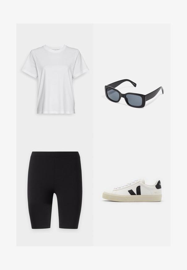Hvid bomulds T-shirt med korte ærmer, rund hals og en afslappet pasform. Glat tekstur, uden mønstre eller grafik, enkel design.; Sorte knæ-lange leggings lavet af strækbart stof. Har en glat tekstur med en bred elastisk talje for komfort og pasform.; Hvide lædersneakers med sort gummiv V-logo. Tekstureret off-white sål, hvide snørebånd og bagside med brandnavn i sort.; Sorte rektangulære solbriller med mørkt tonede linser, tyk plastramme og brede stænger. Glat overflade og kantet design.