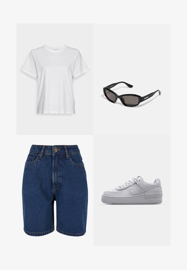 Witte katoenen t-shirt met korte mouwen, ronde hals en een ontspannen pasvorm. Soepele textuur, zonder patroontjes of graphics, basisontwerp.; Denim shorts in een donkerblauwe kleur, met een hoge taille, een vijf-pocket ontwerp en contrasterende oranje stiksels. De stof lijkt textuur te hebben.; Grijze Nike Air Force 1 sneaker met geperforeerde neus, glad leren bovenwerk, dikke zool en verhoogde 'AIR' details op de hiel.; Zwarte zonnebril met een rechthoekig frame, donkere lenzen, gladde plastic materiaal en een metalen accent op de poot.