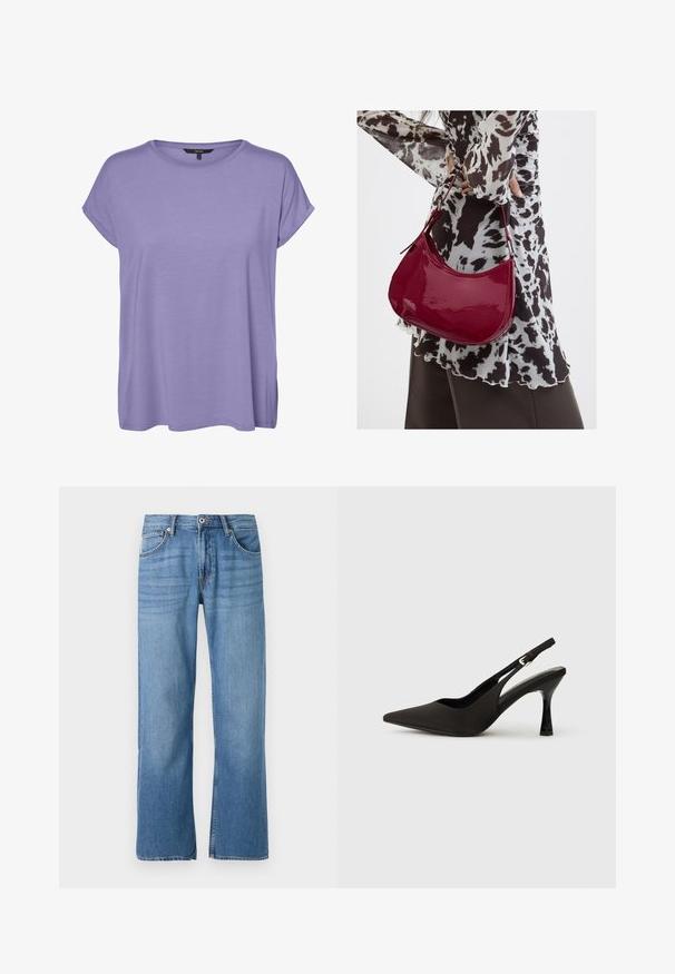 Kortemouwen lavendelpaars T-shirt met ronde hals en losse pasvorm, afgebeeld op een effen witte achtergrond.; Lichtblauwe denim jeans met een recht model, vijf-pocket stijl, enkele knoopsluiting en gestikte details langs de naden.; Zwarte slingback hakken met een spitse neus, een gladde matte afwerking en een slanke, glanzende hak. Verstelbare band met een klein gespdetail.; Vrouw met een zwart-wit gebloemde blouse houdt een glanzende rode schoudertas vast tegen een effen achtergrond.