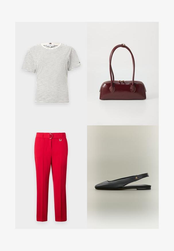 T-shirt blanc à manches courtes et col rond avec de fines rayures horizontales noires et un petit logo sur la manche gauche.; Pantalon rouge taille haute, ajusté, avec plis sur le devant et une ceinture assortie munie d'une boucle dorée à double anneau.; Chaussure plate noire en cuir à bride arrière avec bout pointu et accent logo doré sur la bride, présentée sur un fond neutre.; Sac à main en cuir bordeaux avec une forme courbée, deux poignées, fermeture éclair et détails de couture subtils. Fini lisse et brillant.