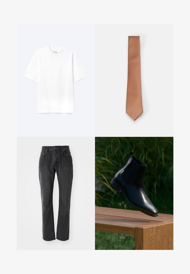 Enkel hvid T-shirt med korte ærmer og rund hals med afslappet pasform, vist på en lys baggrund.; Sorte denim jeans med lige pasform, der har fem lommer, knaplukning og syede detaljer langs sømmene og lommerne.; Sort læder Chelsea-støvle svævende over en træbænk med græs og planter i baggrunden.; Brunstribet slips lavet af glat stof, med en smal bredde og spids ende, velegnet til formelle anledninger.