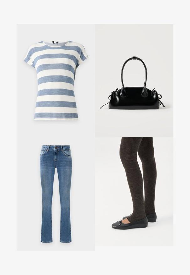 Stripet t-shirt i lys blå og hvid, med korte ærmer, rund halsudskæring og et blødt, let struktureret stof.; Lysblå denim flared jeans med fem lommer, lukning med knap og gule syninger. Stoffet har en glat tekstur.; Ben iført mørke ribbede leggings kombineret med sorte balletsko med små sløjfedetaljer på hvid baggrund.; Lille sort blank håndtaske med to lange håndtag og snøre-detaljer i siden på en ensfarvet lys baggrund.