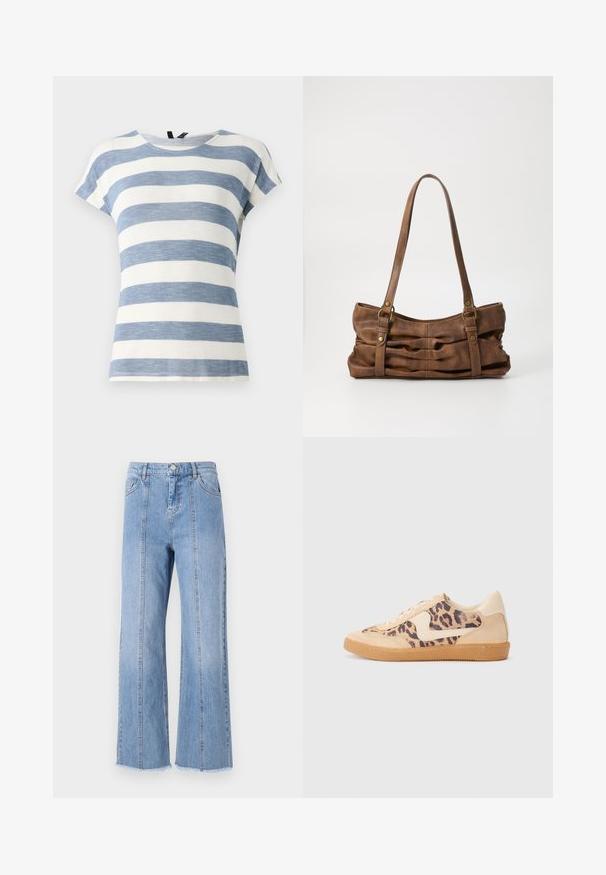 Gestreept T-shirt in lichtblauw en wit, met korte mouwen, een ronde halslijn en een zachte, licht gestructureerde stof.; Lichtblauwe denim wijdlopende jeans met een hoge taille, voornaad en onbewerkte zoom. Voorzien van een klassieke knoop- en ritsluiting in de taille.; Luipaardprint sneakers met een beige suède bovenkant, tan rubberen zool en witte accenten. Ronde neus en vetersluiting met een gestructureerde afwerking.; Even&Odd by Zalando Handtas - brown