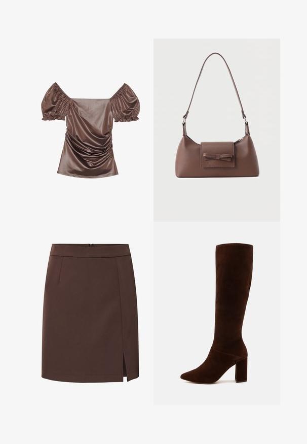 Brun satin off-shoulder top med puffærmer, rynket detaljer foran og en glat tekstur. Elastiske manchetter ved ærmeenderne.; Brun knælængde nederdel med en lille frontslids i højre søm, enkel linning og uden synlige mønstre eller udsmykninger.; Brune ruskind knæhøj støvle med spids tå og en chunky firkantet hæl. Glat texture med en tætsiddende skaft og ingen synlige lukninger.; Brun skuldertaske i læder med en frontlomme med klap, der har en sydd sløjfedetalje, og en justerbar rem.