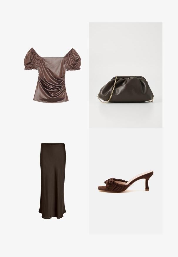 Brun satin off-shoulder top med puffærmer, rynket detaljer foran og en glat tekstur. Elastiske manchetter ved ærmeenderne.; VILA VIELLETTE HW MIDI SKIRT - NOOS - A-snit nederdel - coffee bean; Brun ruskind åben-tå mule med et rynket frontrem og en mellemhøj slank hæl på en ensfarvet baggrund.; Brun læderhandtaske med en sammensnøring, guld kædestrop og blød, struktureret overflade. Kompakt form velegnet til aftensbrug.