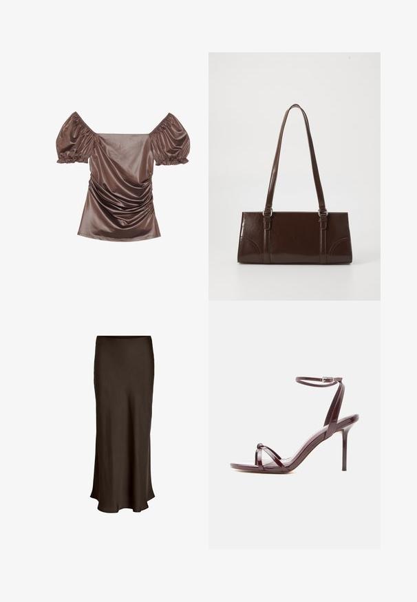 Braunes Satin-Oberteil mit schulterfreier Silhouette, gepufften Ärmeln, Raffung an der Vorderseite und glatter Oberfläche. Elastische Bündchen an den Ärmelenden.; VILA VIELLETTE HW MIDI SKIRT - NOOS - Maxirock - coffee bean; Bordeauxrote High-Heels-Sandale aus Lackleder mit dünnem Knöchelriemen und gekreuzten Zehenriemen auf weißem Hintergrund.; Braune Lackleder-Handtasche in rechteckiger Form, mit zwei langen Griffen und subtilen, geschwungenen Akzenten auf der Vorderseite.