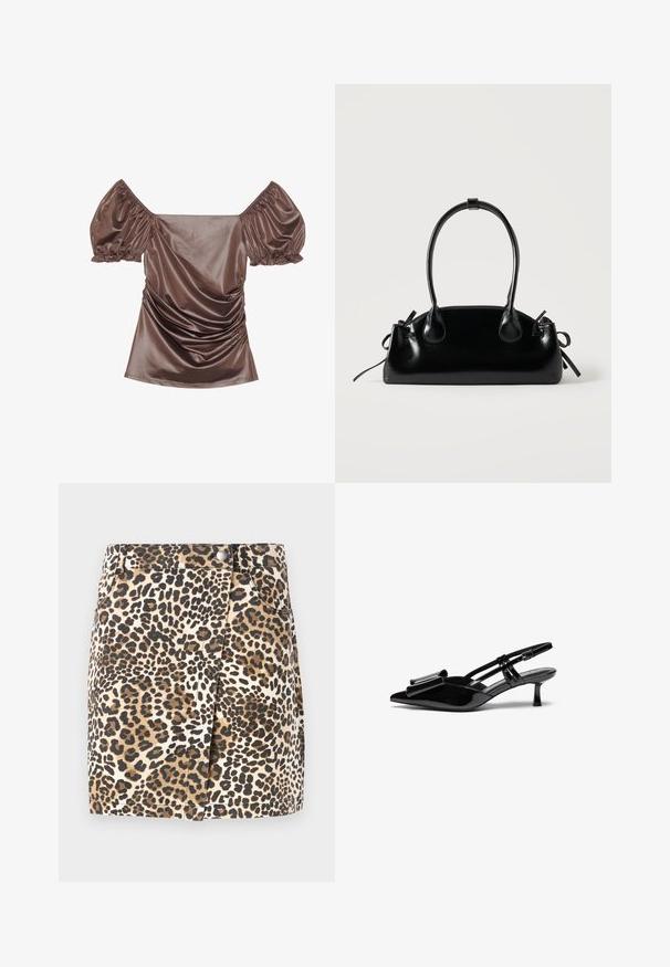 Bruine satijnen off-shoulder top met pofmouwen, gerimpelde details aan de voorkant en een soepele textuur. Elastische manchetten aan de mouwranden.; JDY JDYRAY Short - Minirok - pumice stone; Zwarte gepatineerde lederen slingback hakken met een puntige neus, een strikdetail aan de voorkant en een kleine stilettohak. De bandjes hebben verstelbare gespen.; Kleine zwarte glanzende handtas met twee lange hengsels en zijkant trekkoord details op een effen lichte achtergrond.