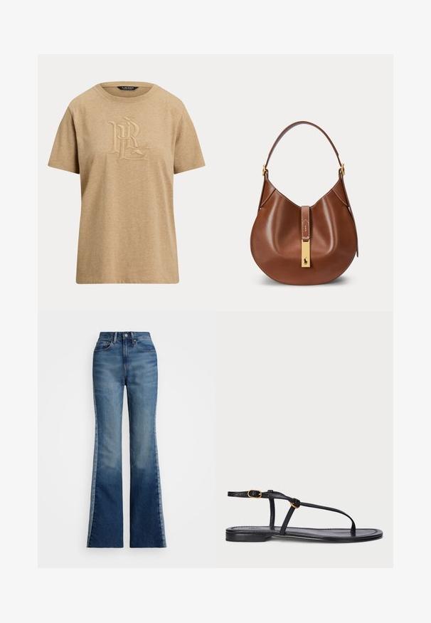 Beiges T-Shirt mit kurzen Ärmeln und Rundhalsausschnitt mit erhabenem gesticktem Monogramm "RL" auf der Brust und einem schwarzen Label im Krageninnern.; Polo Ralph Lauren FLARE JEAN - Flared Jeans - boyne wash; Schwarze flache Sandale mit minimalistischem Design. Sie verfügt über dünne Riemen, einen Zehensteg, goldene Akzente und eine glatte, strukturierte Sohle.; Braune Lederhandtasche mit geschwungener Form, einem Riemen und einem goldenen rechteckigen Verschluss mit kleinem Pferdelogo auf der Vorderseite.