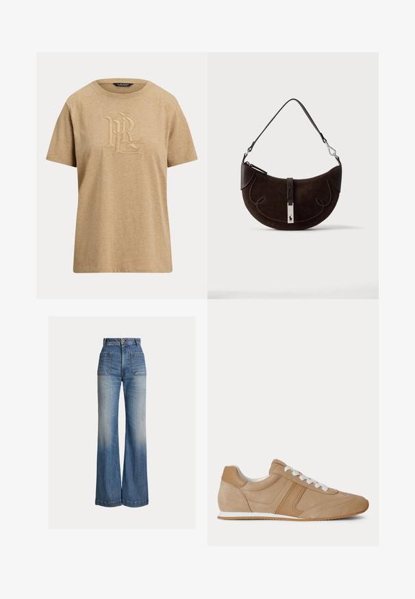 Beige short-sleeve crew neck t-shirt with raised stitched monogram "RL" on the chest and a black label inside the collar.; High-waisted blue denim jeans with wide legs, front patch pockets, button closure, and faded areas on thighs and knees.; Light brown suede and leather low-top sneaker with white laces and a white rubber sole shown from the side on a white background.; Dark brown crescent-shaped suede handbag with braided trim, leather strap, and a silver clasp featuring a small horse logo.