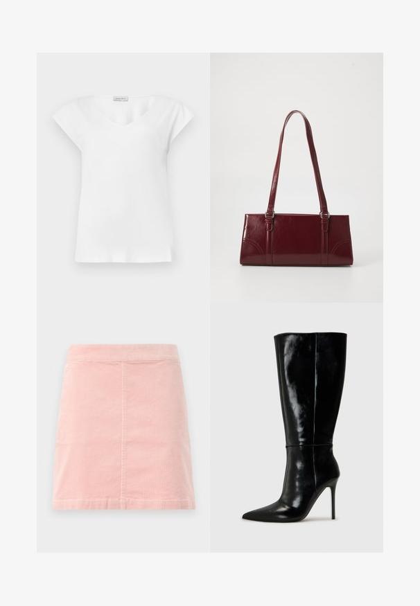 Weiße Bluse mit kurzen Ärmeln, rundem Ausschnitt und kleinem Markenetikett nahe dem Kragen.; Rosa Cord-Ripp-Minirock mit taillierter Passform und vertikaler Rippstruktur. Der Saum ist gerade und er hat ein schlichtes Design ohne Verzierungen.; Schwarze Leder-Knielange Stiefel mit spitzem Schuh und hohem Stiletto-Absatz. Glatte Textur und elegantes Design, das sich durch minimale Details auszeichnet.; Burgunderfarbene Handtasche aus glänzendem Material, rechteckige Form, mit zwei Schulterriemen und subtilen, geschwungenen Akzenten an der Vorderseite.