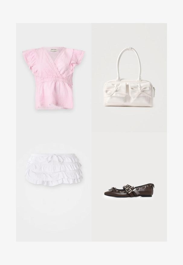 Roze top met korte mouwen en een wikkelontwerp, met getextureerde plooien en kantafwerking langs de halslijn en mouwen. Elastische taille voor een goede pasvorm.; Wit gerimpelde badrok met meerdere lagen, voorzien van een trekkoord in de taille voor aanpassing. Zachte stof met een gladde textuur.; Donkerbruine leren platte schoen met puntige neus, dubbele zilveren gespsluitingen, metalen klinknagels en een decoratief strikje aan de voorkant.; Witte synthetische handtas met twee voorzakken, elk voorzien van een gebonden strikdetail. Soepele textuur, afgeronde handgrepen en een ritssluiting.