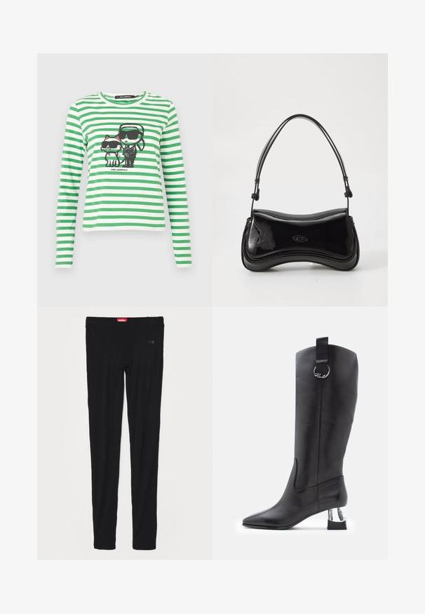Groen en wit gestreepte blouse met lange mouwen, featuring een graphic van een personage en een kat, beiden met een zonnebril, met een ronde halslijn.; Zwarte legging van gladde stof, met een hoge tailleband en subtiele branding aan de voorkant. De legging heeft een slanke, aansluitende pasvorm.; Zwarte leren kniehoge laars met puntige neus en chroom blokhak. Heeft een band met een ronde hardwareaccent bovenaan.; Zwarte laarzen van patentleer met een gebogen vorm, een enkele handgreep en een ronde bodem. Beschikt over een subtiele logodetail aan de voorkant.